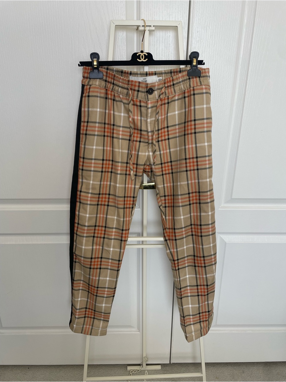 Topman Beige Plaid Chinos with Black Side Stripe